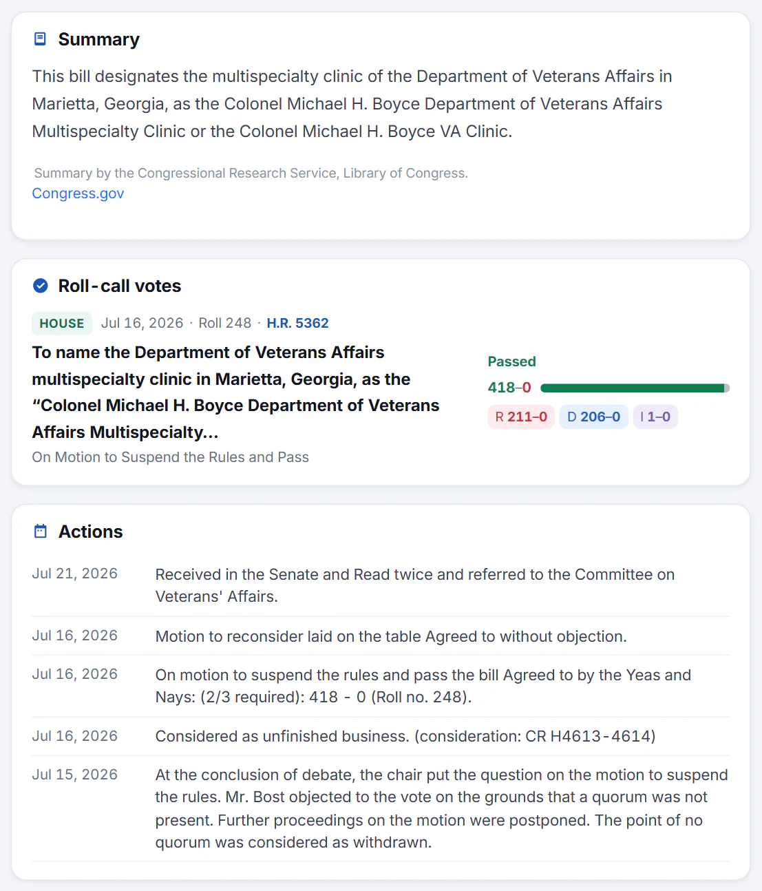 The main column of a bill's page: the Congressional Research Service summary, the roll-call vote on the bill, and the timeline of actions with a button to show all of them