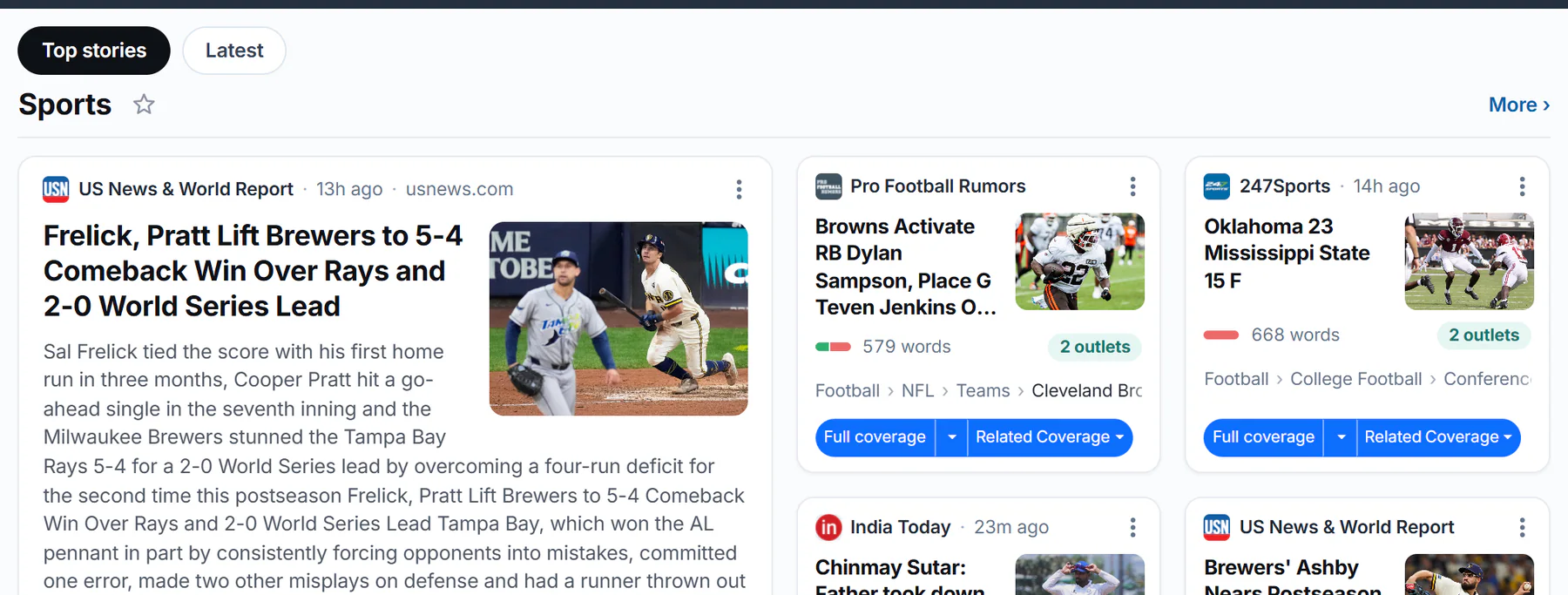 The 4Search home page by topic: Top stories and Latest tabs, a group headed Sports with a star and a More link, the lead story with its image and opening words, and smaller story cards beside it
